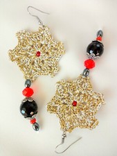 Orecchini Crochet Dorati Nero Rosso Donna Handemade Uncinetto Monachella Bijoux 