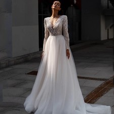 Eightre White Boho Wedding Dresses Long Sleeve Glitter Bride Dress Appliques 