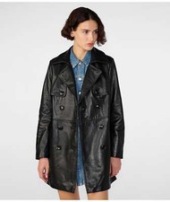 Trench coat donna nero con cintura giacca pelle 100% vera pelle di agnello fatto a mano