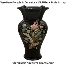 VASO Nero Floreale Disegno Fiori • DERUTA • Vintage Made In Italy
