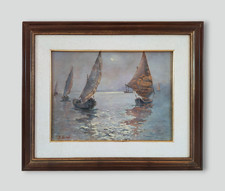 Vecchia scena marina notturna italiana con barche a vela dipinto ad olio originale anni 30 firmato