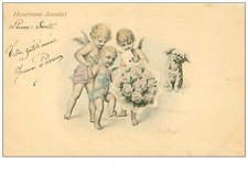 ANGELI N.151. FELICE ANNO. TRE ANGELI CHE PORTANO UN BOUQUET