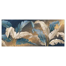 Quadro moderno Stampa Tela CANVAS WORLD 52x122 cm LEAVES WHITE BLUE blu e oro