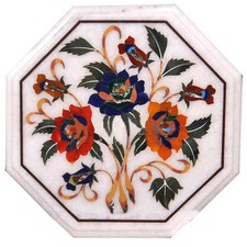 Tavolino da tè caffè pietra semipreziosa intarsiata marmo bianco 12" arredo casa