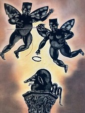 Bella Pittura Guazzo Angelo Nera Gatto Rat Carta Inchiostro Disegno Arte Con