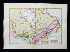 1787 BONNE rara mappa del NORD AMERICA, CANADA, QUEBEC, GRANDI LAGHI, BAIA DI HUDSON...