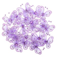 24 farfalle in rete trasparente: farfalle in organza viola glitterate