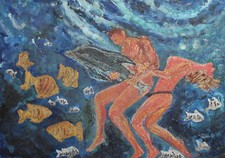 Coppia nuda che nuota con