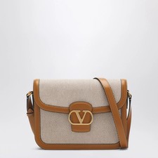 Borsa a tracolla Valentino Garavani 9TO5 beige in tela e pelle con logo VL