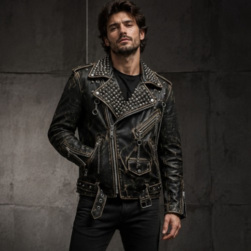 Men black studded - black, leather