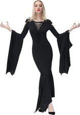 Costume Strega Gotica Vestito Allacciato Per Halloween Festa Carnevale Nero