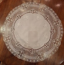 Antica Biancheria grande Centro Rotondo Lino Ricamo A Mano E Tombolo Cm74 Bianco