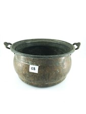 Antica pentola in rame con manici in ottone portata per cibi alimenti arredo 08