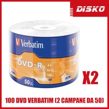 100 DVD -R VERBATIM 4.7 GB VERGINI VUOTI 16X ADVANCED AZO DVDR DISCHI 2 CAMPANE