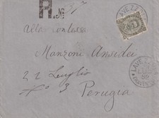 S7055-REGNO, EMILIA ROMAGNA, LAVEZZOLA PER PERUGIA,  RACCOM.,45 c. UMBERTO, 1892