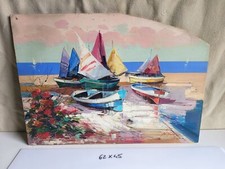 Dipinto- olio su Tavola - Vele Gozzo Barca Mare Fiori Spiaggia cm. 62 x 45