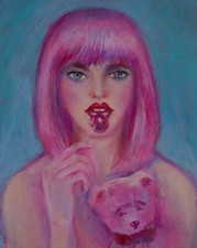 Quadro moderno donna rosa Ragazza con orsetto e lecca lecca 42 x 52 cm
