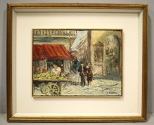 ANTICO QUADRO DIPINTO OLIO TAVOLA D. Bianchi SCENA CITTADINA MERCATO VENDITORE