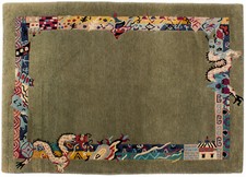 Tappeto motivo drago Nepal Kenecht circa 135 x 190 cm verde lana vergine annodato a mano...