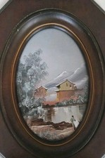 Quadro Miniatura Paesaggio Cornice Legno Vetro Ovale Bombato Originale D Epoca  