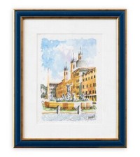 Scuola del XX secolo Dipinto Acquerello Roma Piazza Navona Opera in Cornice