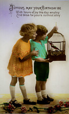 Postcard Young Girl Boy Children Flowers Bird Cage Birthday Hand Colored  RPPC