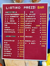 Listino prezzi Bar - Vintage in Lire Italiane