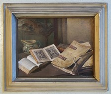 ANTICO QUADRO Arcangeli Luigi DIPINTO olio tavola NATURA MORTA Libri Violino