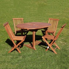 Set tavolo tondo allungabile e 4 sedie pieghevoli in legno teak