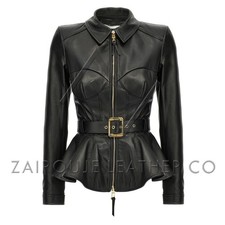 Giacca donna pelle peplo nera