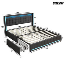 Letto Imbottito 140X200 Cm,Cama Matrimoniale LED Con 4 Cassetti E Rete a Doghe, 