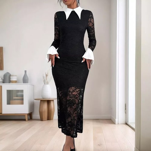 Abito lungo nero pizzo con - abito,
