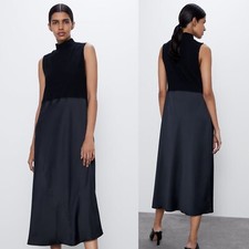 VESTITO ZARA ABITO LUNGO SATINATO SATIN NERO SMANICATO DOPPIO TESSUTO TG S