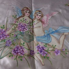 Grande dipinto a mano su seta angeli e fiori cm 142x67. Vintage