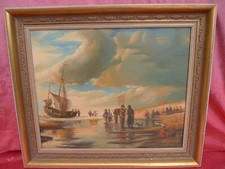 Bellissimo, Vecchio Dipinto Di Pescherecci Sulla Spiaggia Firmato!