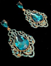 ORECCHINI LIBERTY '30 cm.8x4 IN ACQUAMARINA sù LEGA ORO GIALLO/ARGENTO,PREZIOSI!