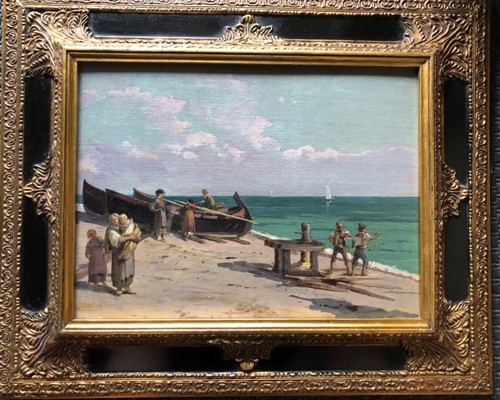 Marina con figure - olio, su