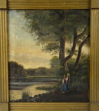 Quadro a Olio Antico Vintage 2 Donne Am Riva Nella Natura Bilderahmen Oro A 1880