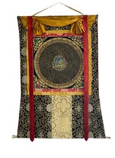 MEDICINA BUDDHA MANTRA MANDALA DIPINTO THANGKA TIBETANO ORIGINALE CON CORNICE IN SETA