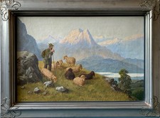 "Pittura ad olio paesaggio alpino con pecore Hans Fenger 1893-1980...