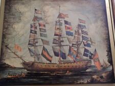 Quadro Veliero a colori stampa su Tavola di Legno anni 70 con cornice in legno 