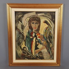 Quadro Dipinto Olio Su Tela Firma Amleto Bertrand N.3 Figura Con Pappagalli 1965