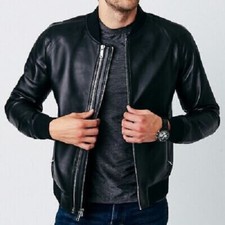 Cafe Racer Biker Nero Bombardiere Vintage Uomo Moto Originale Lamb Pelle Giacca