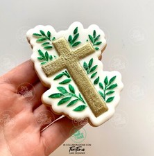 Comunione Cresima Croce Foglie Rilievo Cookie Cutter Formine Biscotti 8,5x6cm