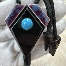 Splendida cravatta Bolo Southwestern vintage in ceramica nera turchese viola