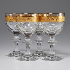 Antique Gold Encrusted Heavy Hexagonal Foot Cut Crystal Wine Glasses 4pc 5.75" B