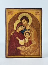 Icona Sacra Tavola Legno Dipinta A Mano Su Tela Figura Bizantina XX Sec.