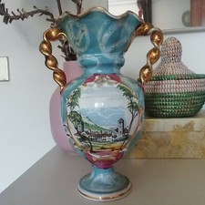 Vaso vecchio antico vintage ceramica azzurro rosa oro shabby chic celeste dorato