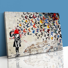 Quadro Farfalla Cervelli Banksy Ragazza Stampa su Tela con Cornice Wall Art