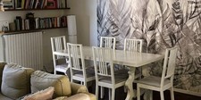 Tavolo da pranzo stile shabby chic, bianco con sei sedie rivestite vari colori